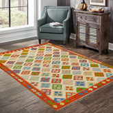 Flat Weave Kilim Antique Navaho Vintage handmade Geometric Kilim Beige Rust Hand-Woven Rectangle 100% Wool Area Rug 5x7